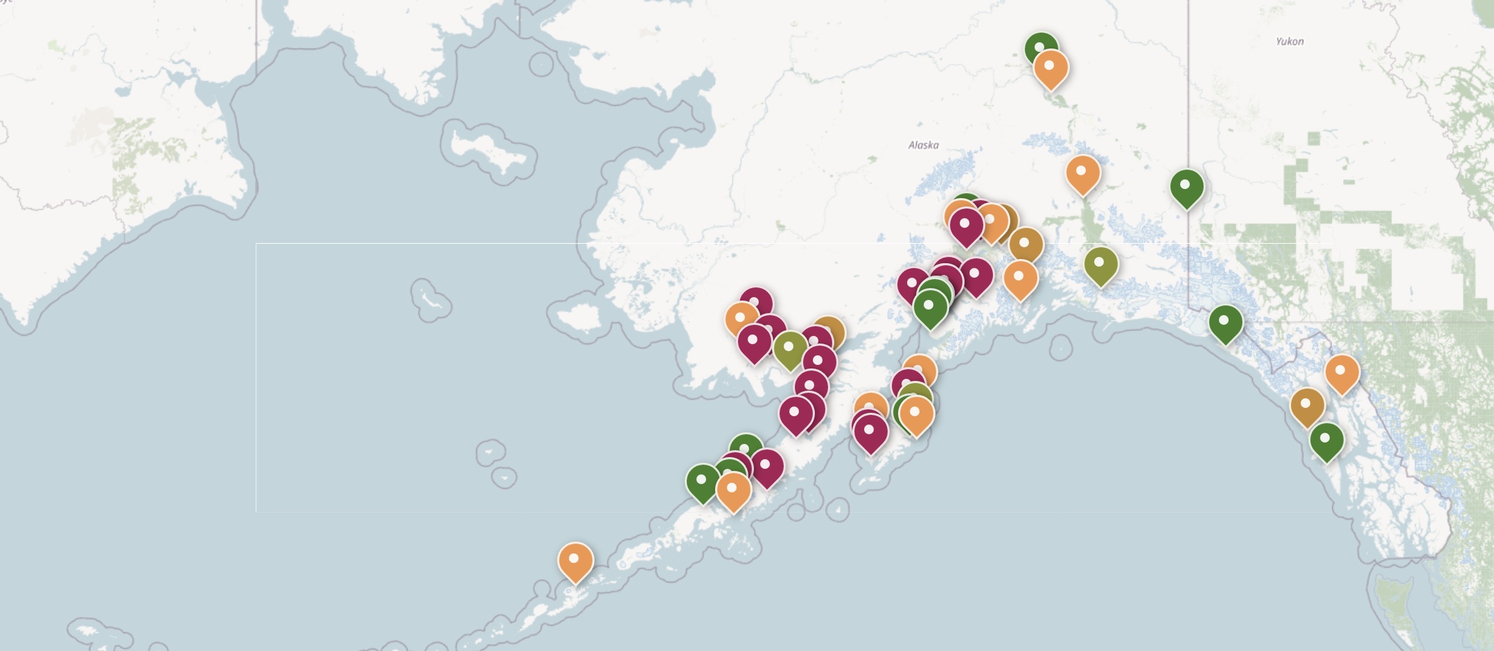 Map of Alaska with a coloured pin on each of the 53 counting stations, from the Alaska Peninsula and Kodiak through Cook Inlet and Prince William Sound to Southeast. No fish counts are shown.